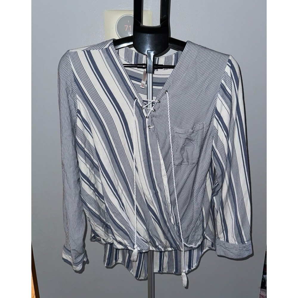 Xhilaration Women's Blue White‎ Nautical Striped Wrap Design Lace Up Top Size 1X